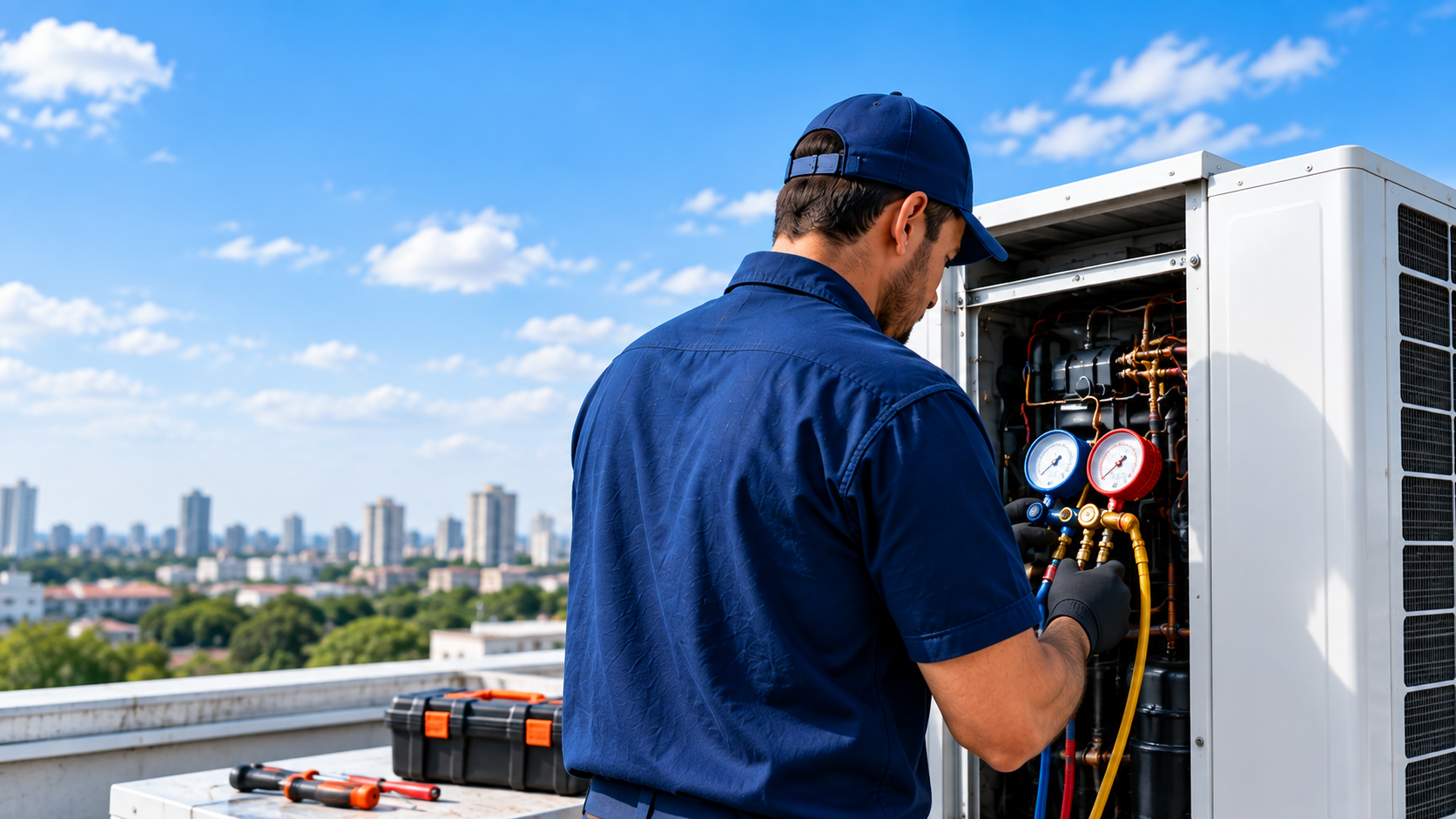 Técnico realizando manutenção em equipamento de refrigeração